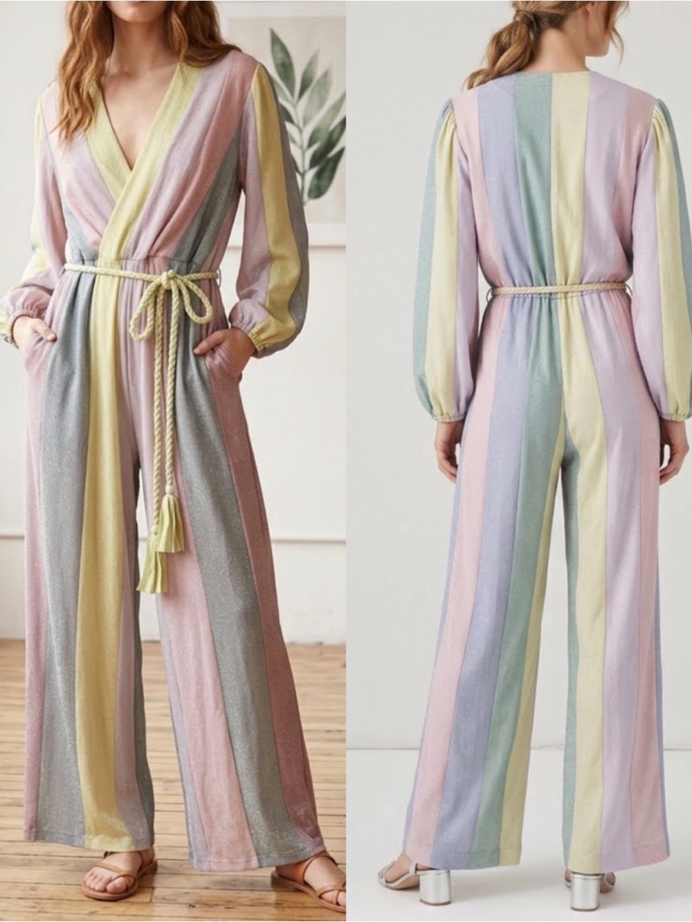 House of Chic LA NYC Shimmer Pastel Rainbow Stripe Wide Leg Puff Sleeve Jumpsuit
